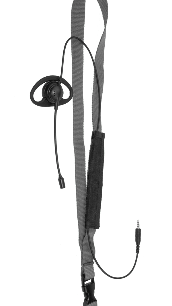 Graues Kopfhörer-Lanyard mit einem Kopfhörer, der aus dem Clip herausragt