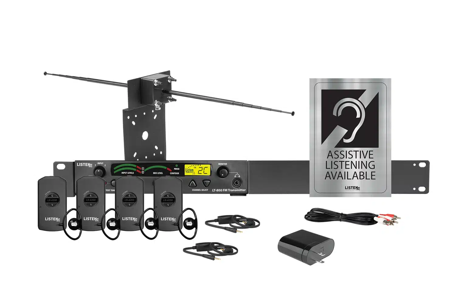Composite image of an RF system with an RF transmitter, one antenna, four receivers, four ear buds, two neck loops, one charging block, one charging cord, and signage.