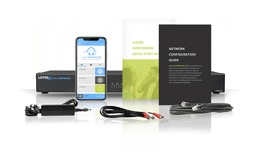 Listen EVERYWHERE four-channel server composite photo showing server, connection cords, the Listen EVERYWHERE App on a smartphone, and quick start guide