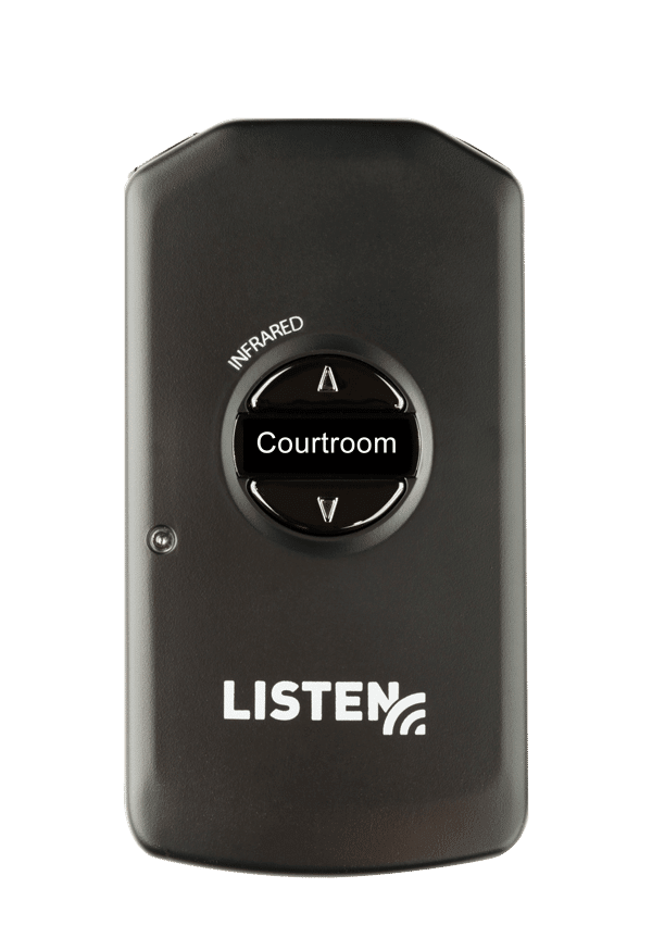 LR4200 iDSP infrared receiver front view with courtroom displayed as the channel name.