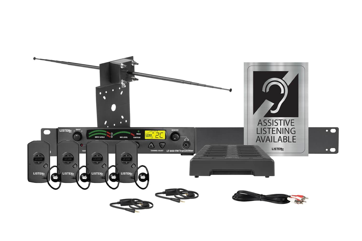 Composite image of an RF system featuring a transmitter, antenna, four receivers, four ear buds, two neck loops, one docking station, and signage.
