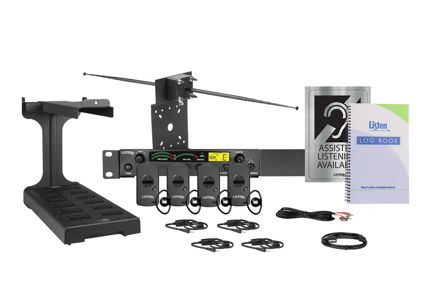 This picture is of the Listen iDSP Advanced Level IV Stationary RF System (72 MHz), which includes one (1) Stationary RF Transmitter (72 MHz), one (1) Universal Rack Mounting Kit, one (1) Universal Antenna Kit (72 MHz and 216 MHz), four (4) Advanced Intelligent DSP RF Receiver (72 MHz), four (4) Intelligent Earphone/Neck Loop Lanyard, four (4) Universal Ear Speaker, one (1) Intelligent 12-Unit Charging Tray, Intelligent Cable Management Unit, one (1) USB to Micro USB Cable, one (1) Listen Dispensing Log Book, one (1) Assistive Listening Notification Signage Kit, and one (1) Dual RCA to Dual RCA Cable 6.6 ft. (2 m).