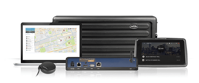Composite of Listen NAVILUTION LNS-300N including server, display control panel, GPS antenna, software, and hard cover carrying case.