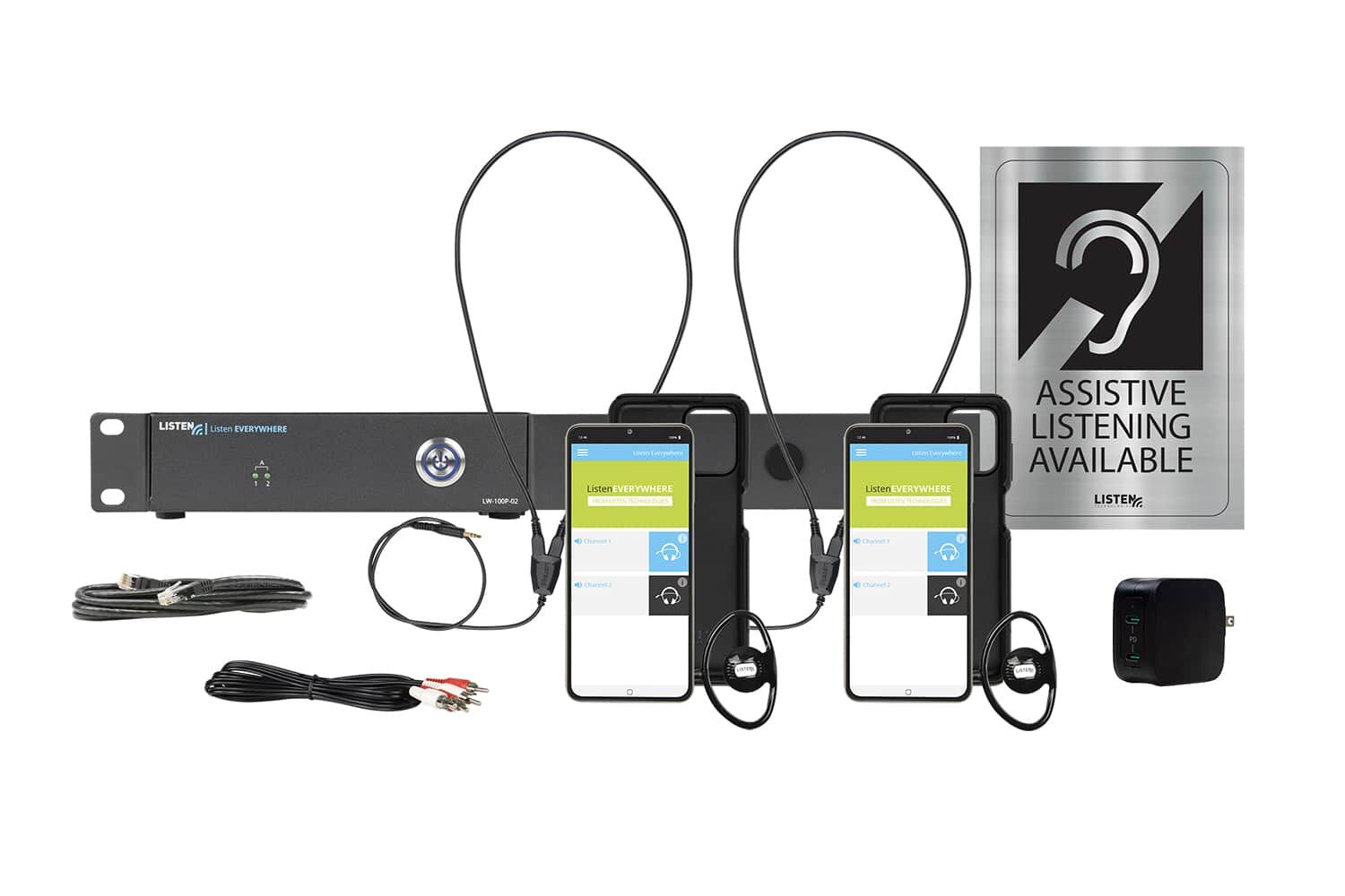 Composite image of a WiFi system including one server, two receivers, two neck loops, two receiver cases, ethernet cord, power supply, a wall charger, and signage.