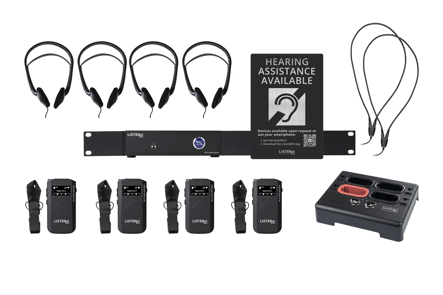 Composite image of a 2 channel WiFi system featuring one WiFi server, one docking station, four receivers, four neck loops, four headphones, and signage.