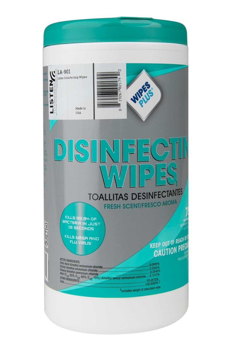 A picture of a cylinder container of Disinfecting Wipes.