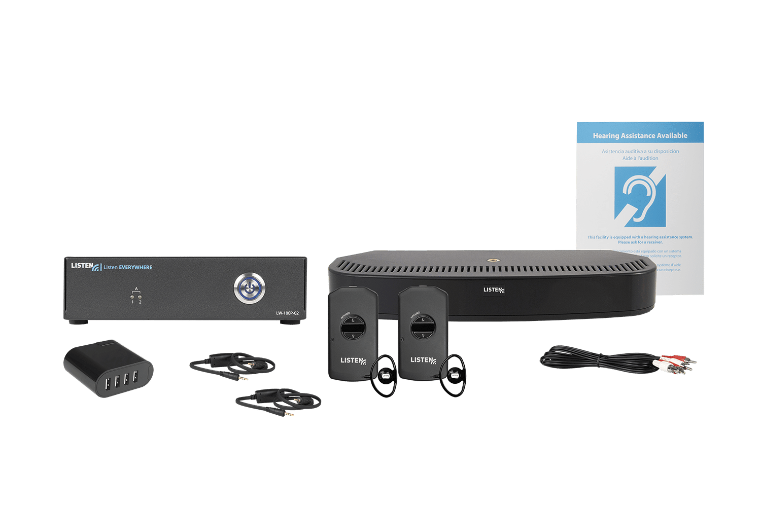 Composite image of a combo system featuring one infrared transmitter/radiator, one wifi server, one 4-port USB charger, two neck loops, two IR receivers, charging cord, and signage.