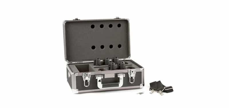 Open hard shell travel case with portable radio frequency receivers.