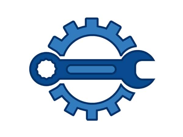 Drawing of blue wrench laying across a circular gear