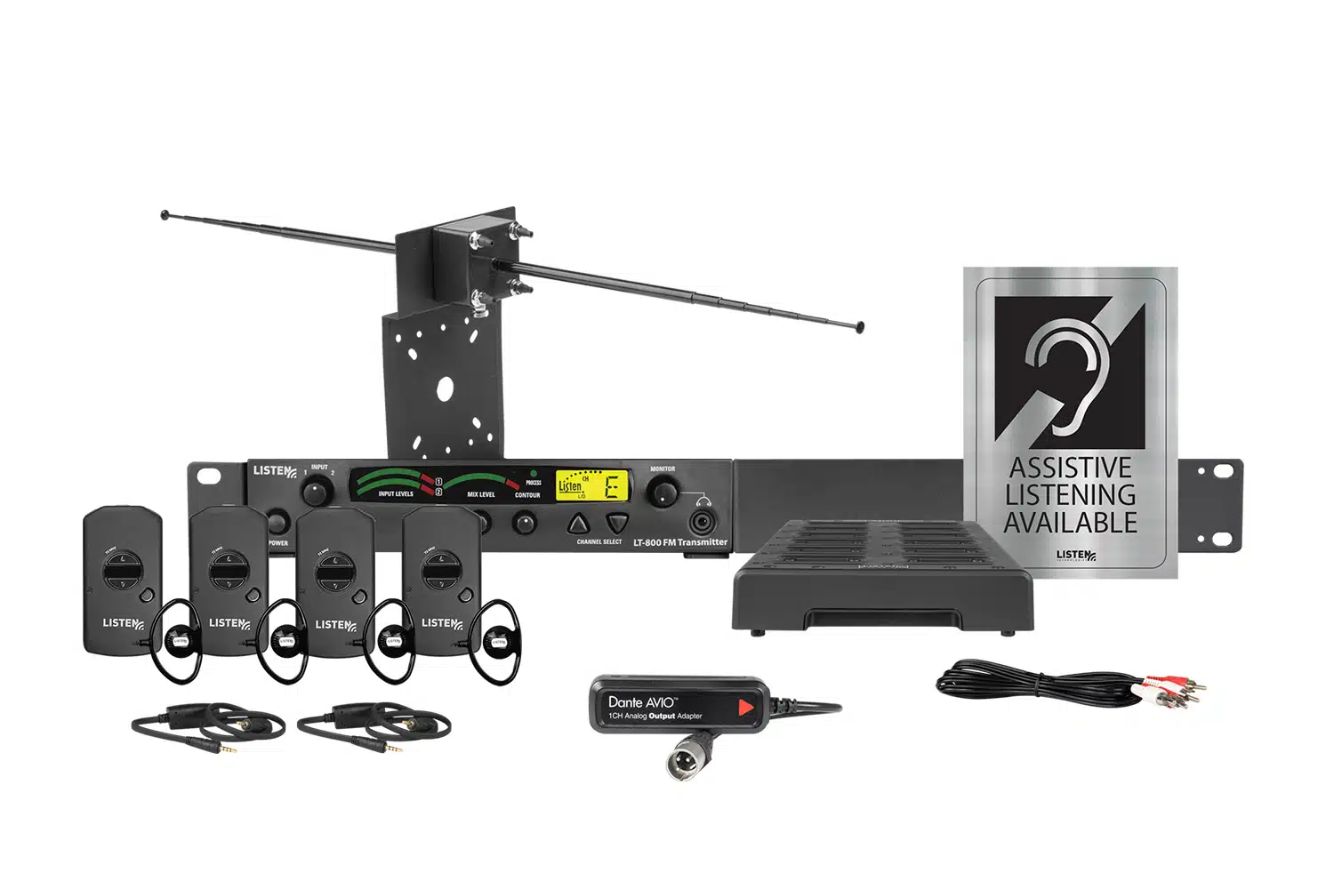 Composite image of an radio frequency system featuring one transmitter, one antenna, one docking station, four receivers, two neck loops, one dante dongle, one charging cord, and signage.