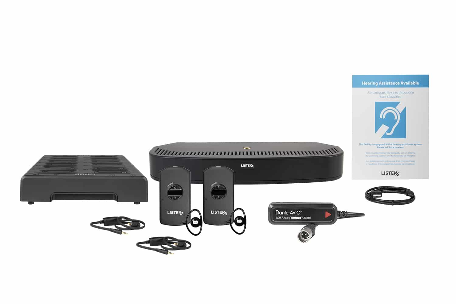 Composite image of an infrared system including one radiator, two receivers, two earbuds, two neck loops, one dante dongle, a docking station, and signage.