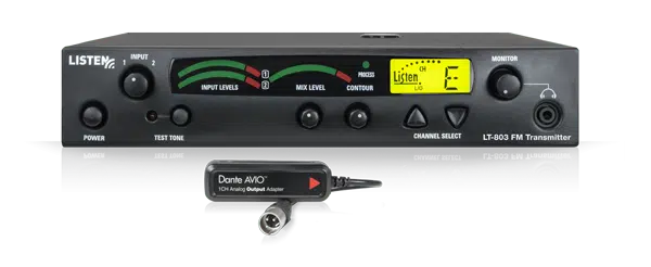 Front view of a radio frequency transmitter with a dante adapter plugged in.