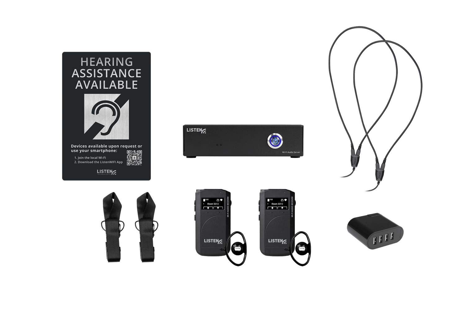 Composite image of a wifi system including one server, two receivers, two neck loops, two neck straps, signage, and a charger.