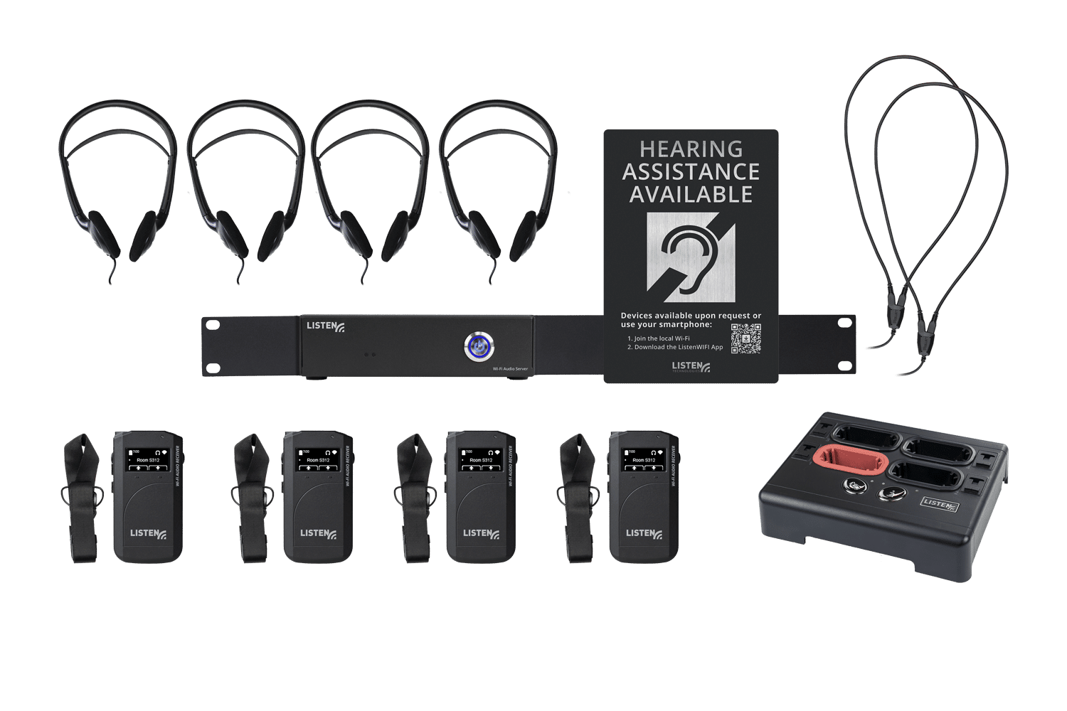 Composite image of a WiFi system including one server, four headphones, four receivers, four neck straps, four neck loops, one docking station, and signage.
