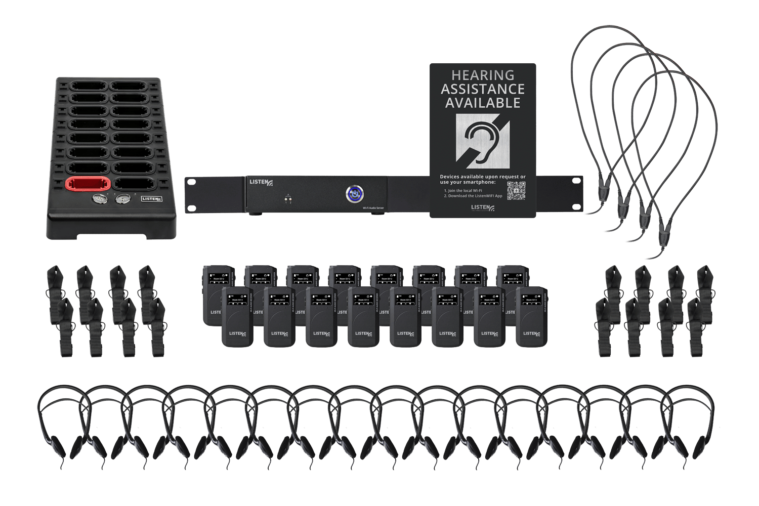 Composite image of our WiFi system including sixteen receivers, sixteen headphones, four neck loops, one docking station, and signage.