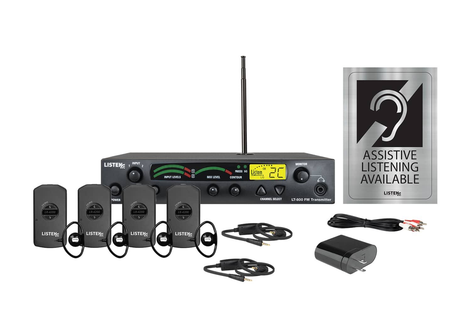 Composite image of an RF transmitter, antenna, four receivers, four ear buds, two neck loops, one charging cord, and one 4-port USB charger, and signage.