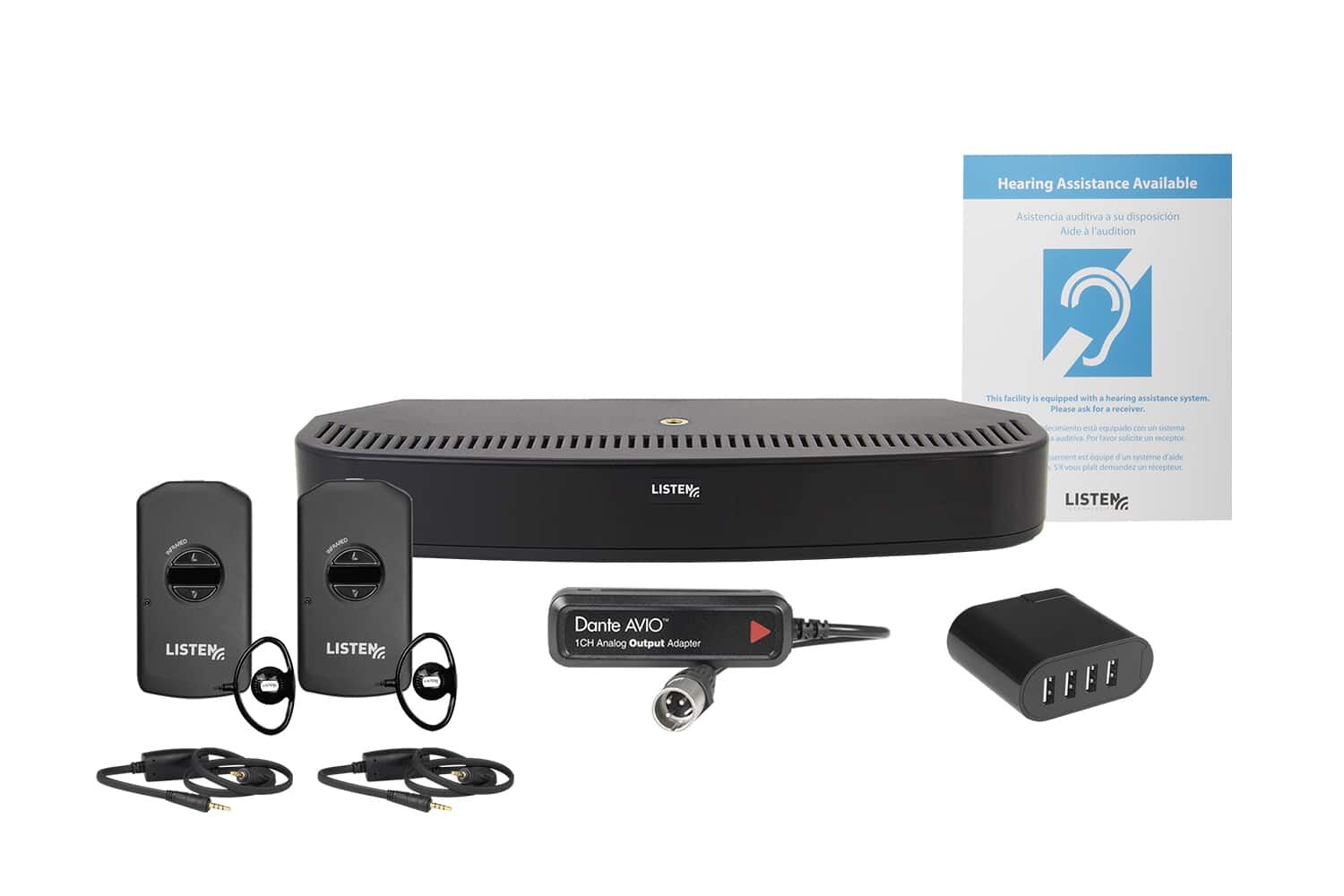 Composite image of an infrared transmitter, two IR receivers, two earbuds, Dante dongle, one charger, and signage.