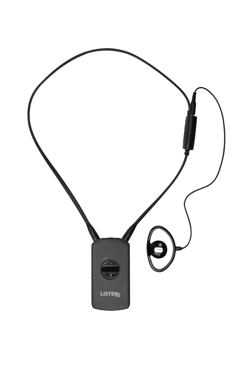 One RF Receiver with a neck loop and ear bud plugged in.