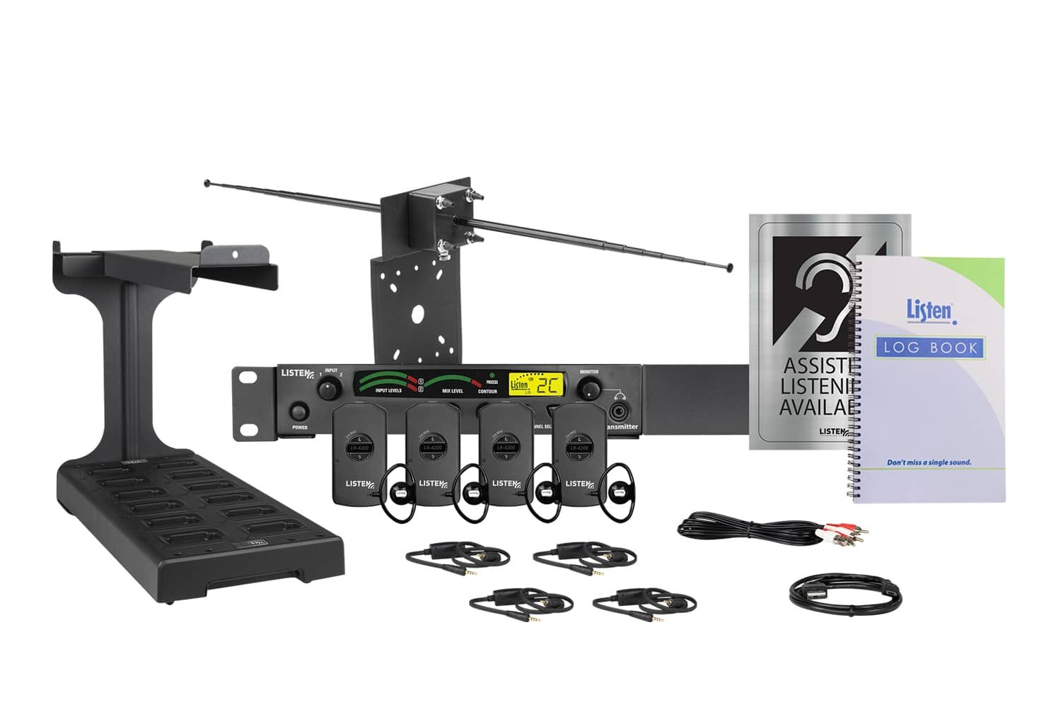 Composite image of an RF system with one transmitter, one docking station, one antenna, one log book, four receivers, four ear buds, four neck loops, one charging cord, and signage.
