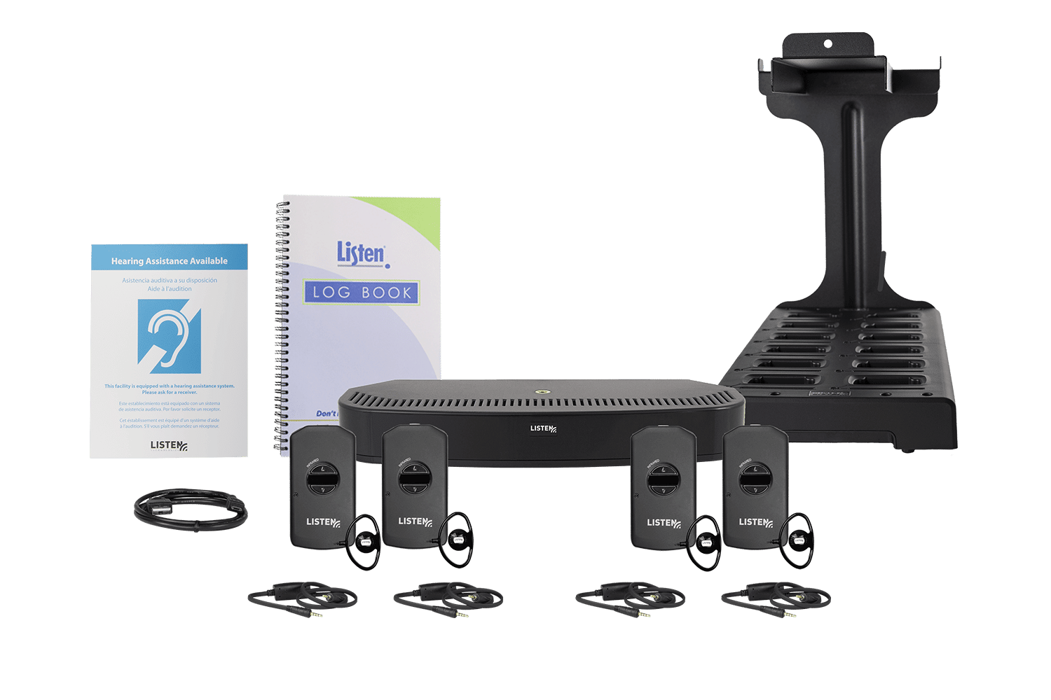 Composite image of one infrared transmitter/radiator, one log book, one charging cord, docking station, four receivers, four neck loops, and signage.