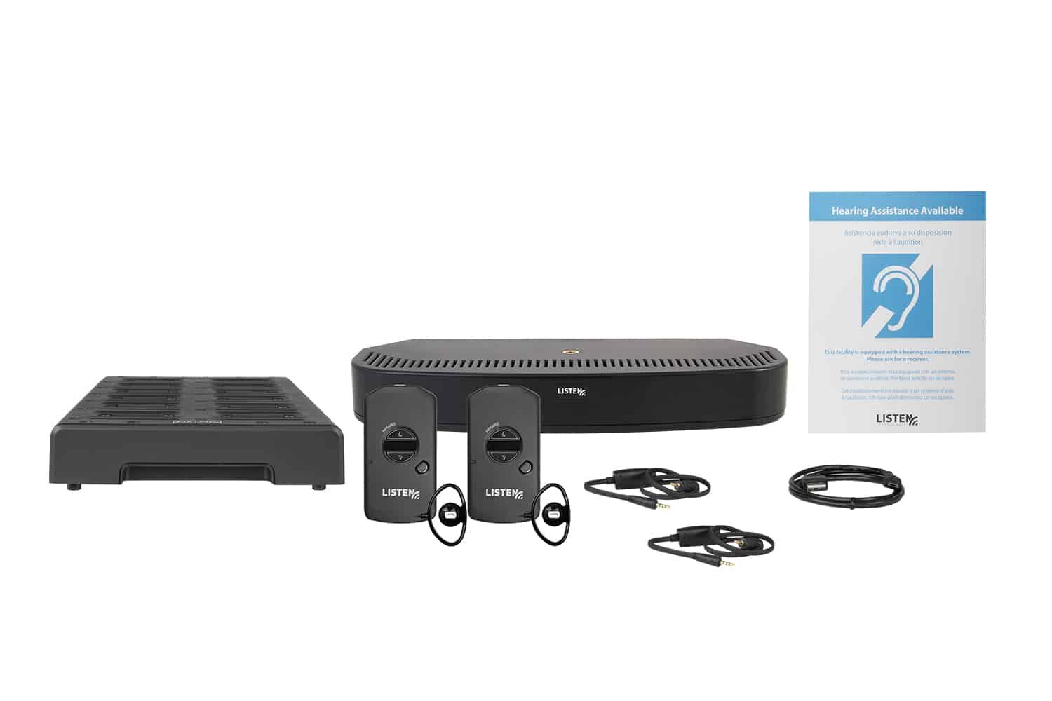 Composite image of an infrared system featuring one transmitter/radiator, one docking station, two receivers, two neck loops, one charger, and signage.
