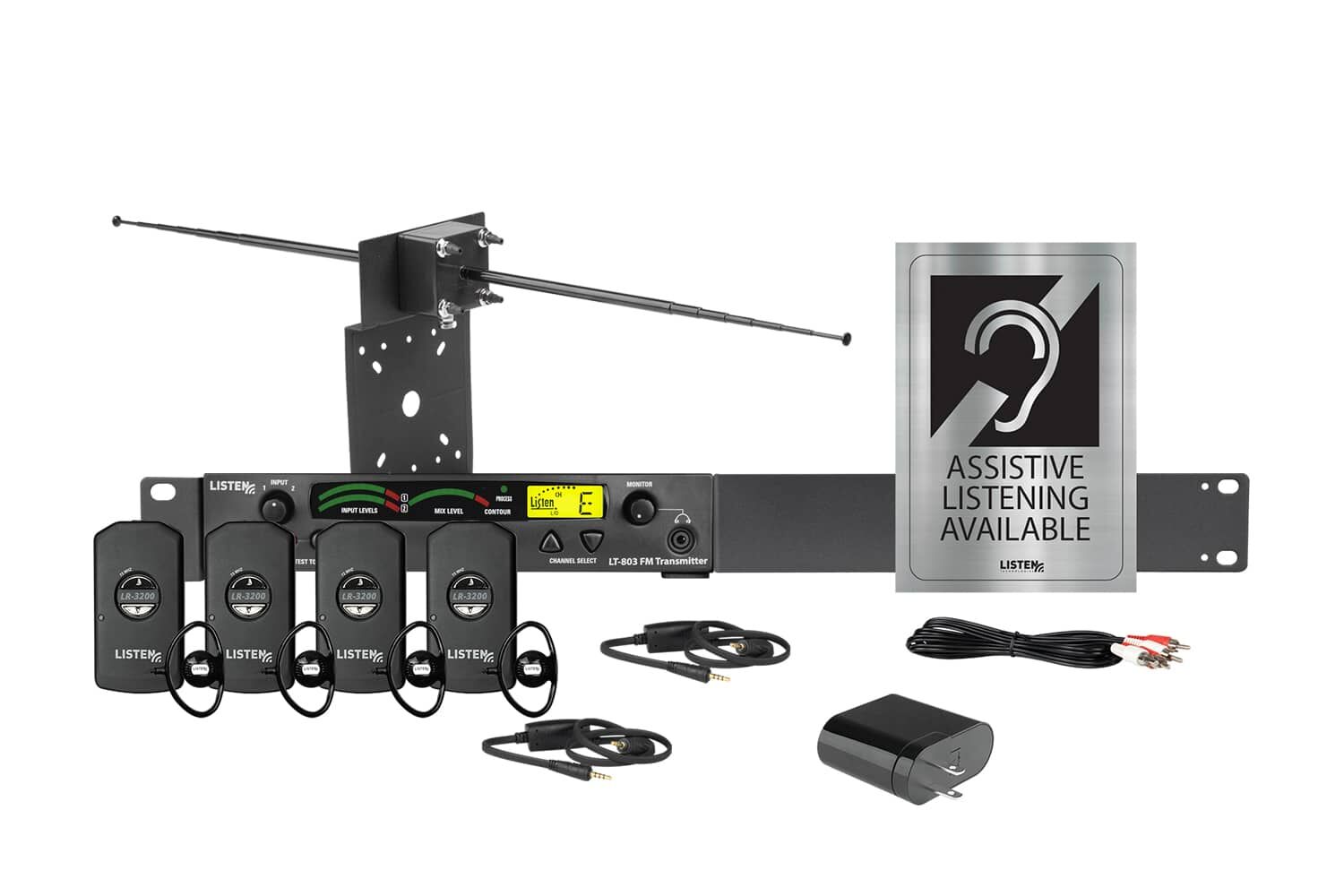 This picture is of the Listen iDSP Prime Level II Stationary RF System (72 MHz), which includes one (1) 3-Channel RF Transmitter (72 MHz), one (1) Universal Antenna Kit (72 MHz and 216 MHz), one (1) Universal Rack Mounting Kit, four (4) Intelligent DSP RF Receiver (72 MHz), four (4) Universal Ear Speaker, two (2) Intelligent Ear Phone/Neck Loop Lanyard, one (1) Dual RCA to Dual RCA Cable 6.6 ft. (2 m), one (1) 4-Port USB Charger, and one (1) Assistive Listening Notification Signage Kit.