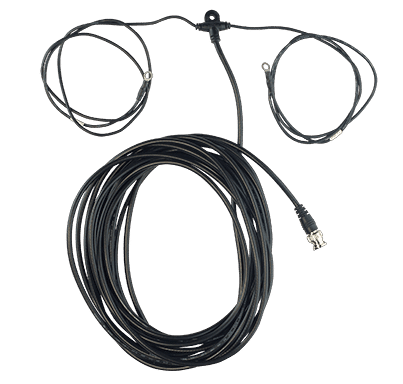 Product photo of coaxial cable rolled up with a remote antenna attached