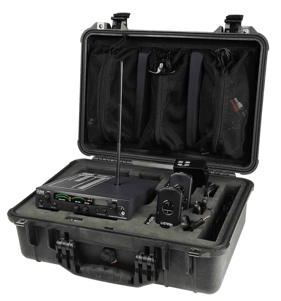 Product photo of ListenTECH WL-DK11 showing open hard carrying case of transmitter, receivers, and headsets.