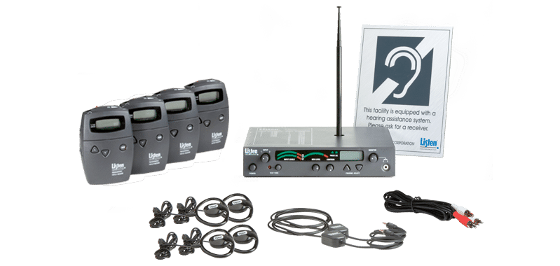 Group product photo of Listen RF system that has four receivers, four headphone sets, two neck loops, a coax cable, a server, and ADA signage