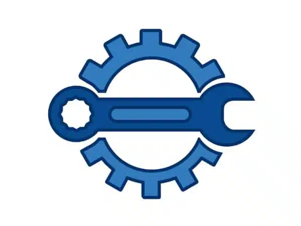 Drawing of blue wrench laying across a circular gear