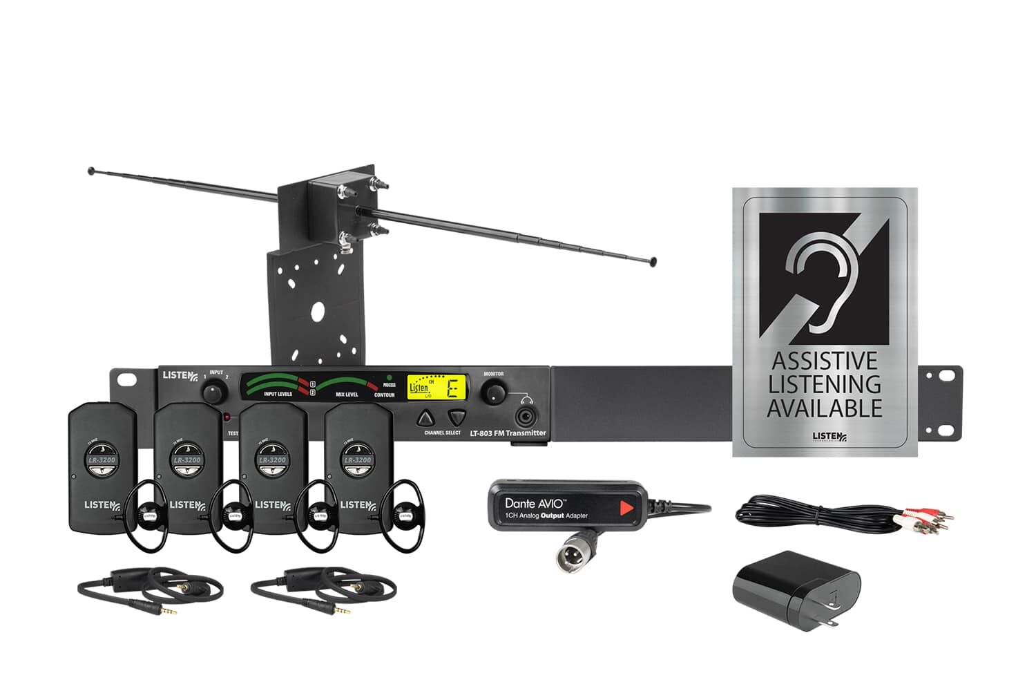 Composite image of an RF system featuring an RF transmitter, antenna, four receivers, four ear buds, two neck loops, one dante dongle, one USB charging block, one charging cord, and signage.