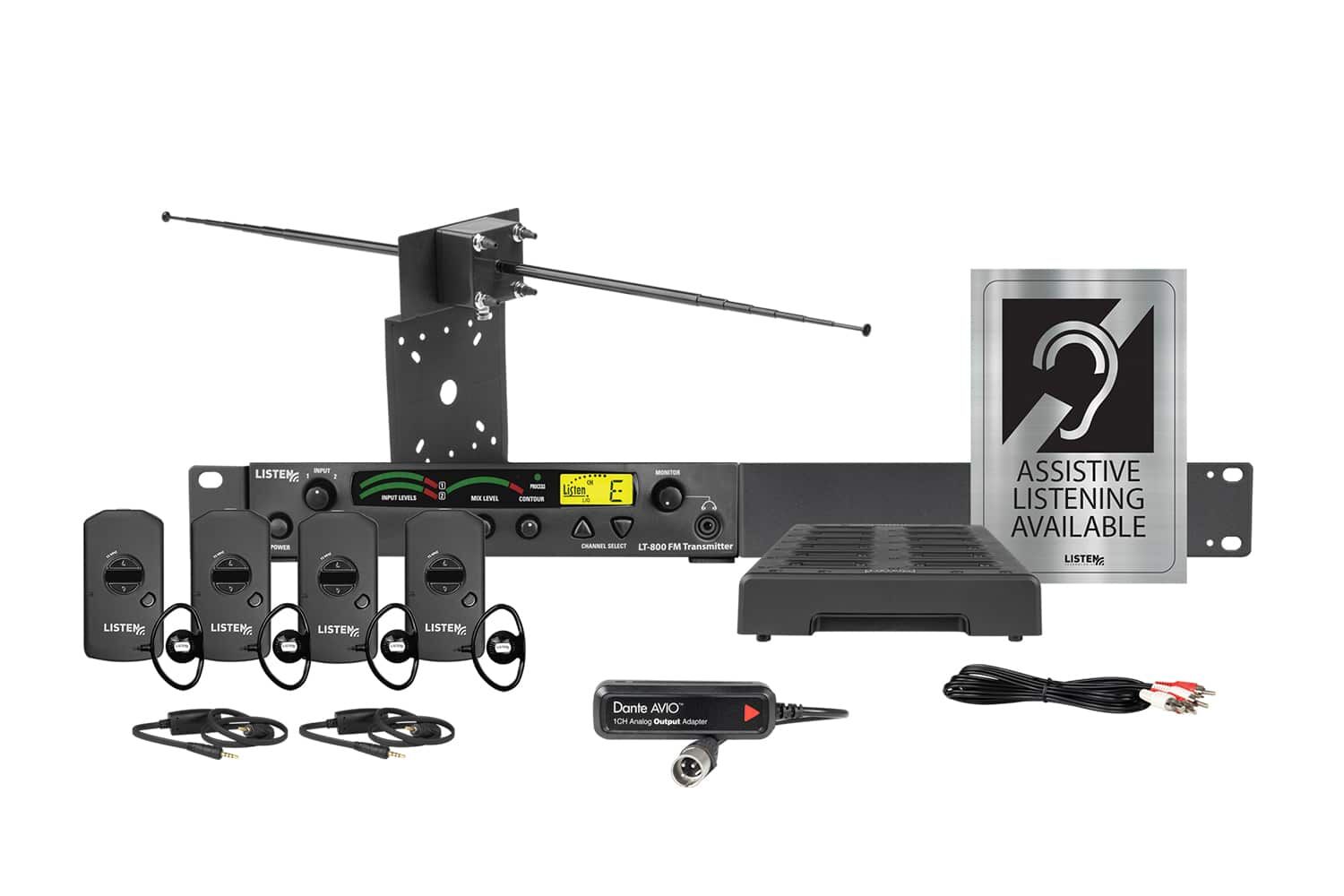 Composite image of an radio frequency system featuring one transmitter, one antenna, one docking station, four receivers, two neck loops, one dante dongle, one charging cord, and signage.