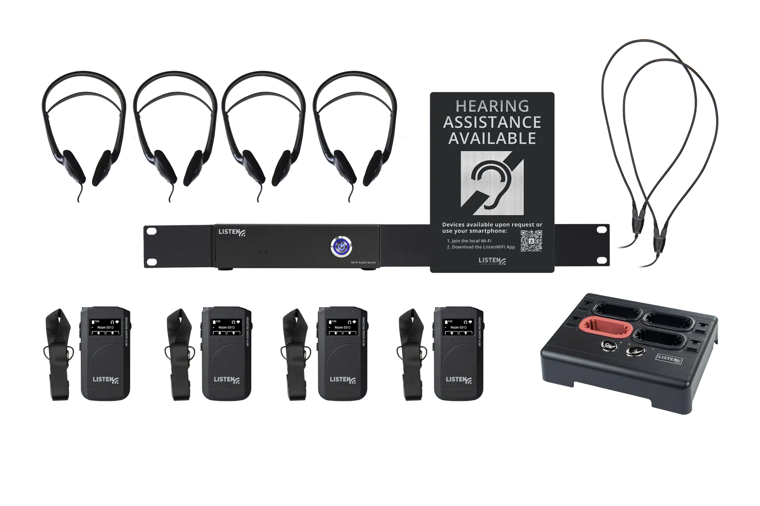 Composite image of a WiFi system including one server, four headphones, four receivers, four neck straps, four neck loops, one docking station, and signage.