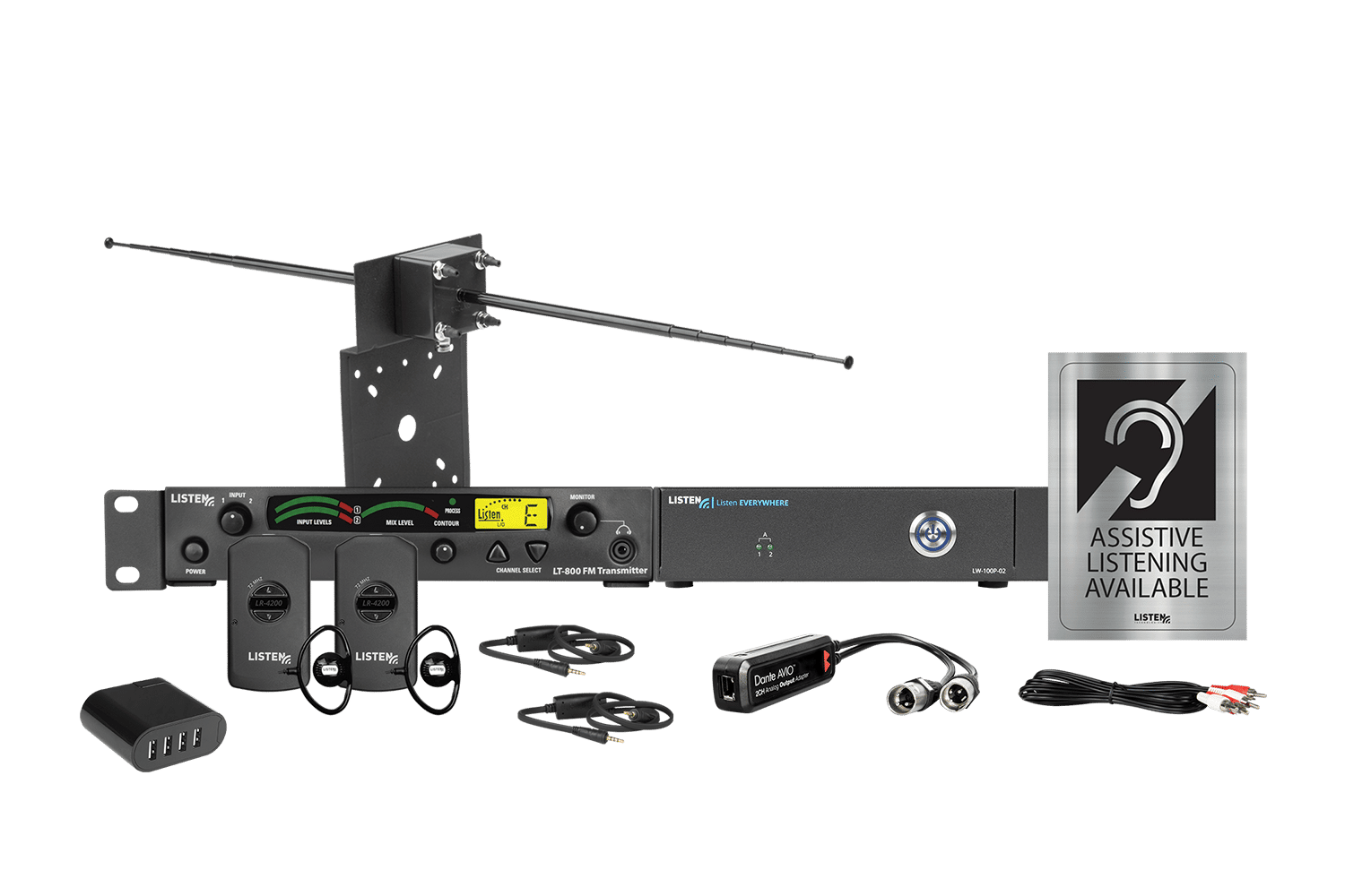 Composite image of a combo system featuring an RF Transmitter, a WiFi server, one antenna, one 4-port USB charger, two RF receivers, two ear buds, two neck loops, one dante dongle, one charging cord, and signage.