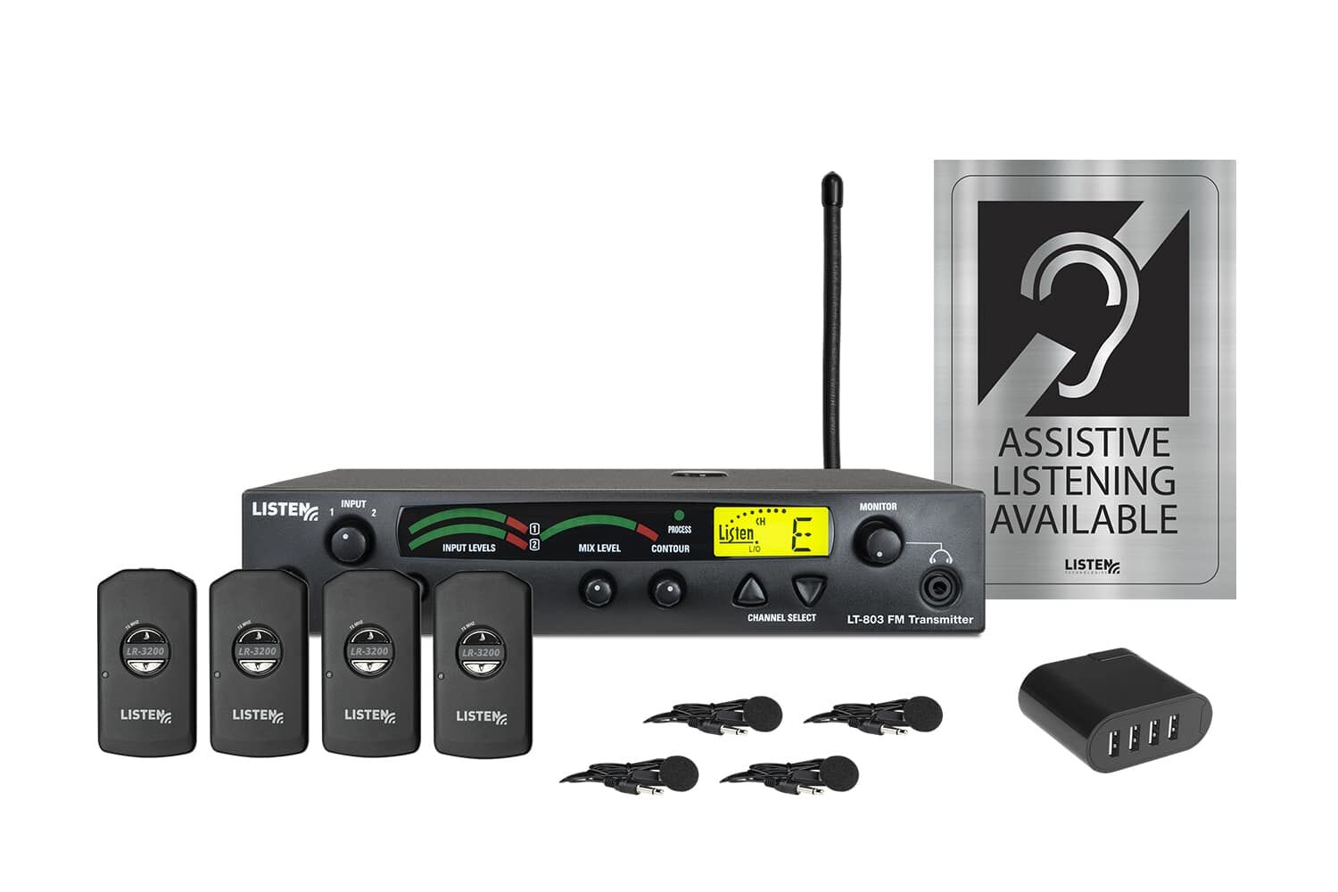 Composite image of an RF transmitter, one antenna, four receivers, four earbuds, one 4-port USB charger, and signage.