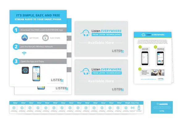 LW-202 LE Venue Awareness Kit including signage that says, "Listen EVERYWHERE from Listen Technologies Available Here", and "It's simple, easy, and free. 1. Download the free Listen EVERYWHERE app, 2. Join the venue's wireless network, and 3. Open the app and enjoy