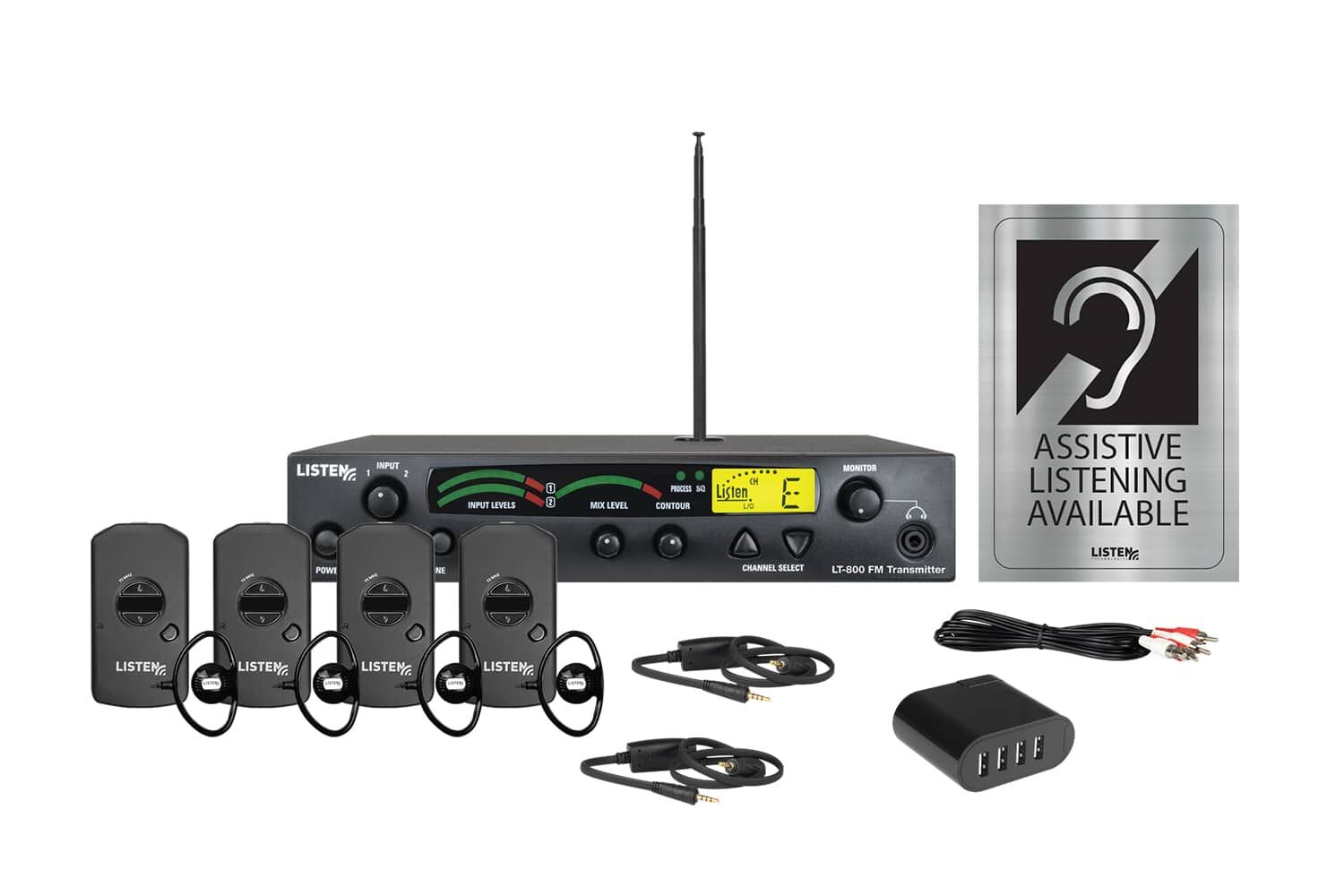 Composite image of an RF transmitter, one antenna, four receivers, four ear buds, two neck loops, one charging cord, signage, and one 4-port USB charger.