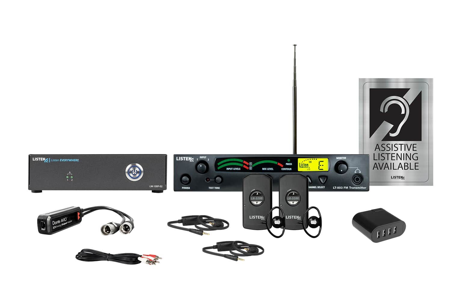 Image of combo radio and wifi system with two receivers, two earbuds, two neck loops, a dante dongle, a charger, and signage.