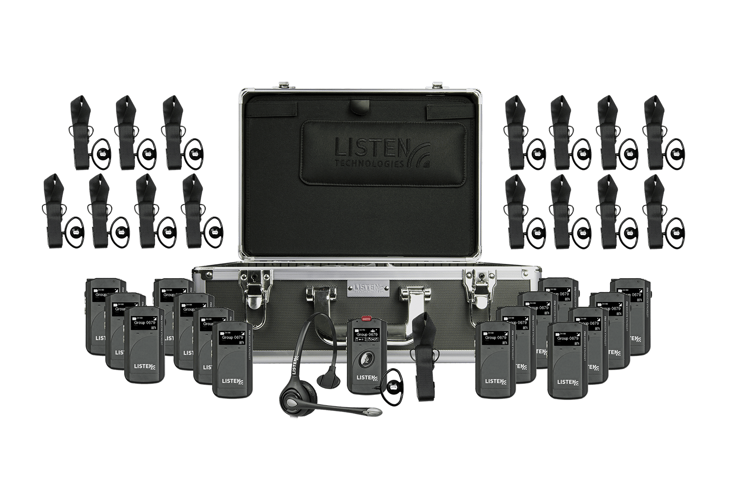 Composite image of a ListenTALK travel case with sixteen receivers, sixteen ear buds, sixteen straps, one headset, one leader receiver, and a travel case.