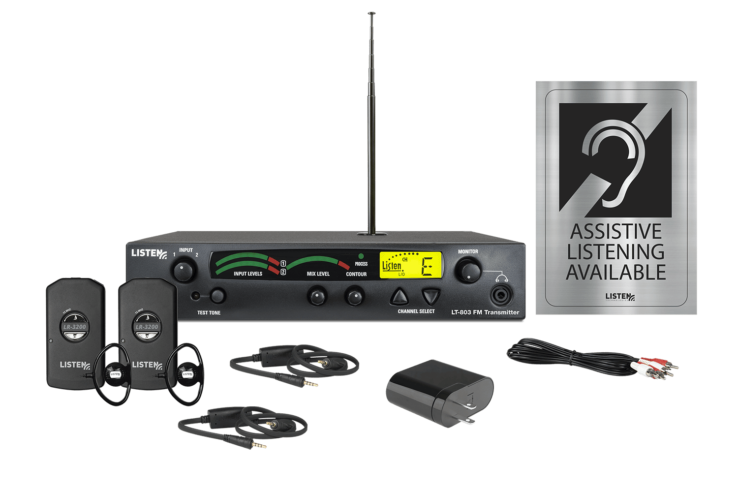Composite image of a radio frequency system featuring one transmitter, two receivers, two ear buds, two neck loops, one charging cord, signage, and one charging block,