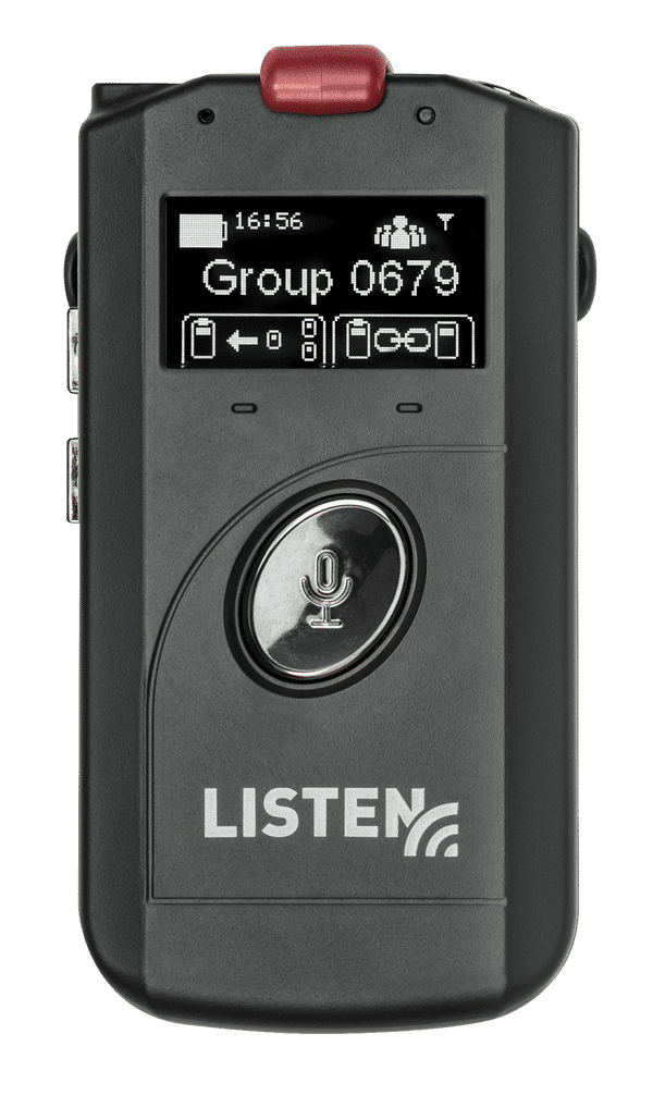 Front view of ListenTALK Transceiver with leader clip