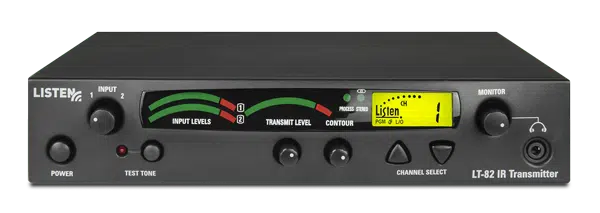 Frontal view of a radio frequency transmitter with the display lights on