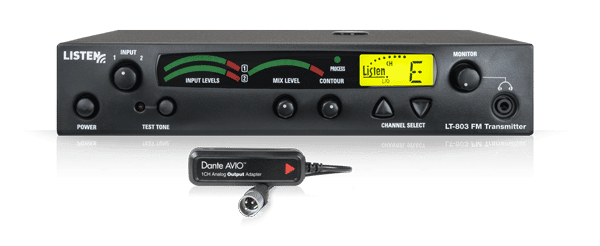 Front view of a radio frequency transmitter with a dante adapter plugged in.