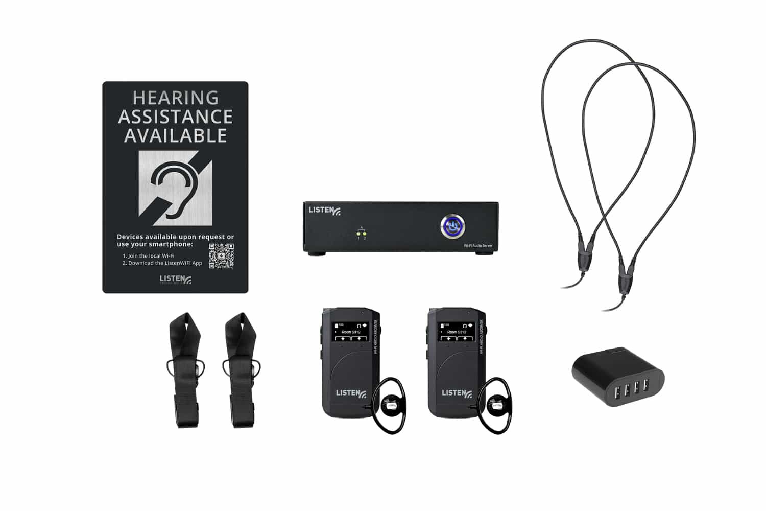 Composite image of a WiFi system with one server, two neck loops, two receivers, a charger, two neck carriers, and signage.