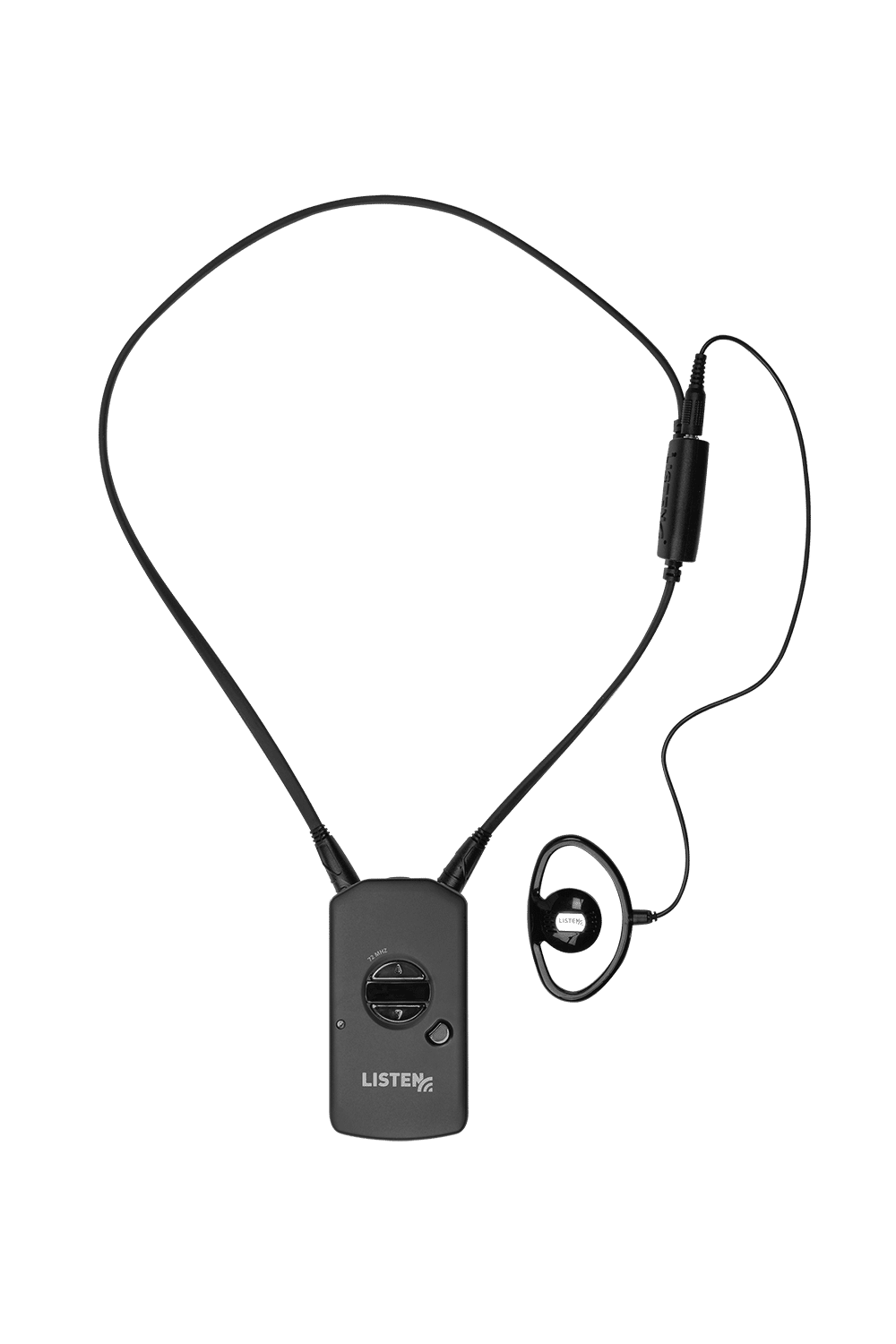 One RF receiver with an attached neck loop and an attached ear bud.