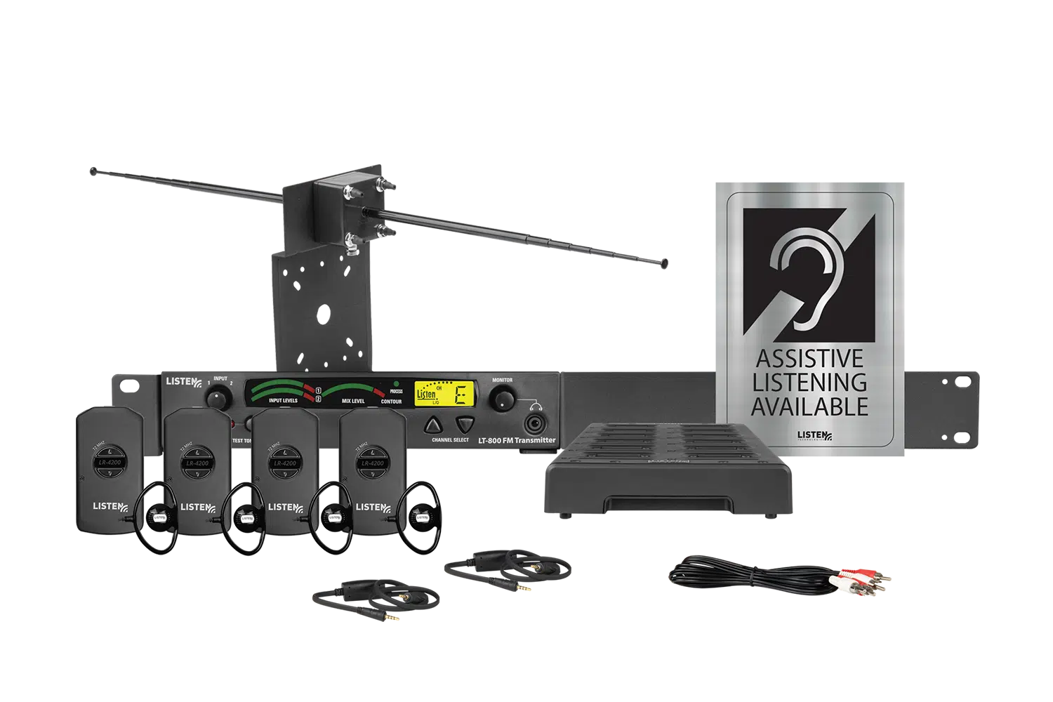 This picture includes one (1) Stationary RF Transmitter (216 MHz), one (1) Universal Antenna Kit (72 MHz and 216 MHz), one (1) Universal Rack Mounting Kit, four (4) Intelligent DSP RF Receiver (216 MHz), four (4) Universal Ear Speaker, two (2) Intelligent Earphone/Neck Loop Lanyard, one (1) 4-Port USB Charger, one (1) Dual RCA to Dual RCA Cable 2 m (6.6 ft.), and one (1) LA-304 Assistive Listening Notification Signage Kit.