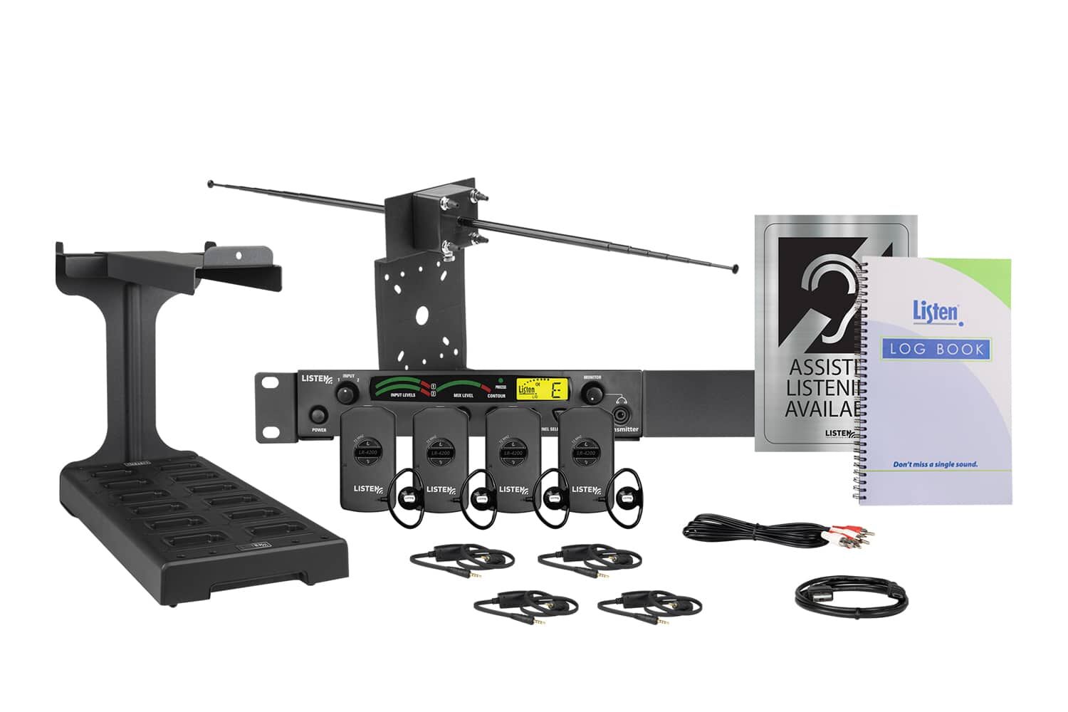 Composite image of an RF system featuring a docking station, antenna, RF transmitter, four receivers, four ear buds, four neck loops, charging cord, log book, and signage.