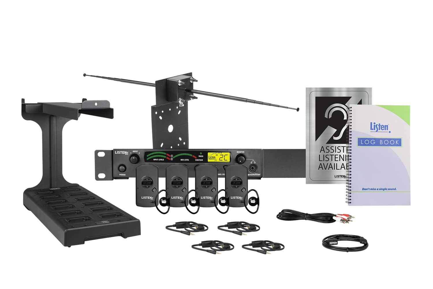 Composite image of an RF system with an RF transmitter, docking station, antenna, four receivers, four ear buds, four beck loops, charging cord, log book, and signage.