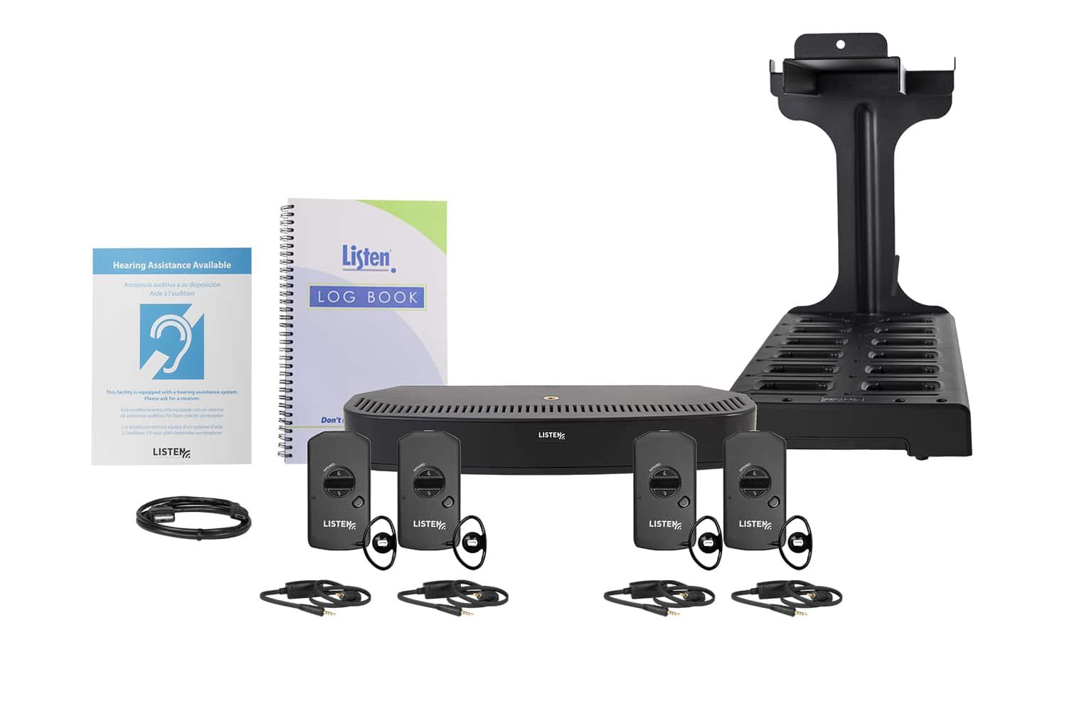 Composite image of an infrared system featuring one radiator, one docking station, one log book, four receivers, four neck loops, a charging cord, and signage.