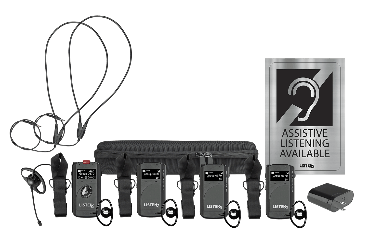 This picture is of the ListenTALK Portable ADA Kit 2, which includes one (1) ListenTALK Transceiver, three (3) ListenTALK Receiver Pro, one (1) Headset 1 (Ear Speaker w/Boom Mic), two (2) Advanced Neck Loops (Adult), one (1) 4-Port USB Charger, one (1) Soft Shell Case 4, and one (1) Assistive Listening Notification Signage Kit.